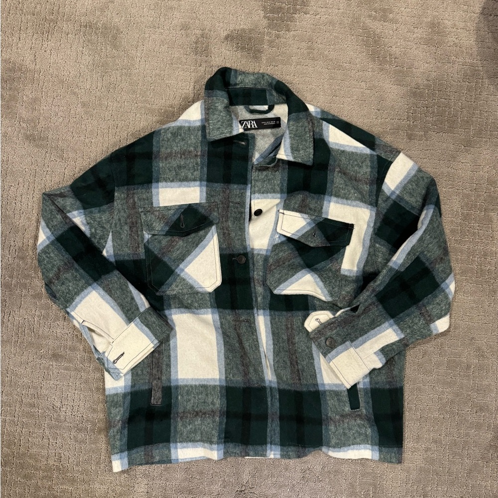 Zara Dark Green Flannel Shirt Jacket